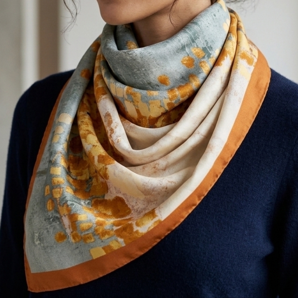 NWT Satin Neck Scarf Head Wrap Abstract Gold Slate Blue Artistic Print 35" × 35"